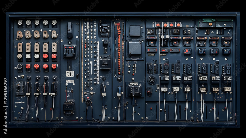 Poster detailed view of a dark blue control panel with various buttons switches and dials