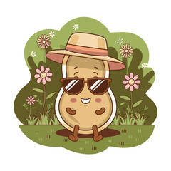 Naklejka premium Cute Peanut Character Relaxing in Summer Garden Vector Art