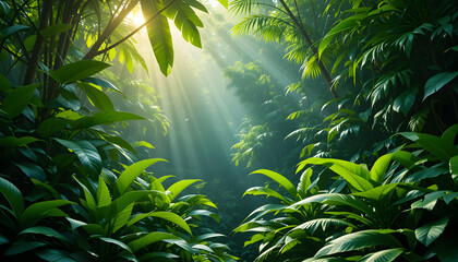Lush tropical rainforest scene with vibrant green foliage and dappled sunlight creating a magical glow.