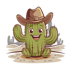 Obraz premium Happy Cartoon Cactus in Cowboy Hat Desert Vector Illustration