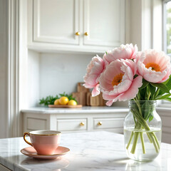 A warm and stylish kitchen interior is beautifully arranged. Pink peonies in a glass vase create a soft contrast. Natural light enhances the cozy ambiance.