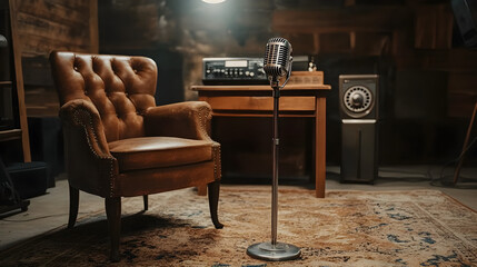 podcast recording setup with an old microphone, a leather chair, a small wooden desk with a rotary phone, and a vintage-style rug 