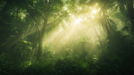 Obraz premium Sunlight Filtering Through Lush Jungles of the Congo in Morning Mist