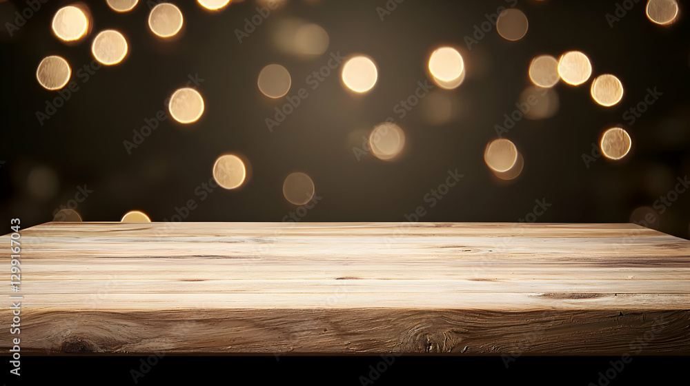 Poster empty wooden table with warm bokeh background for product display