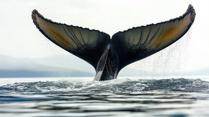 Fototapeta premium Majestic whale tail diving into calm ocean waters during a tranquil morning. Generative AI