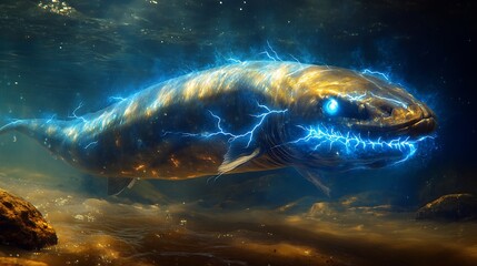 Fototapeta premium Powerful Electric Eel slithering through a murky river its sleek muscular body crackling with bursts of blue energy eyes glowing with raw power