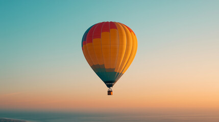 Fototapeta premium Colorful hot air balloon floats majestically at sunset over serene landscape. Generative AI