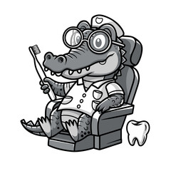 Fototapeta premium Cartoon Alligator Dentist Vector Art with Toothbrush and Dental Chair