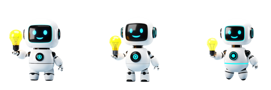 Cute AI Robot Holding Light Bulb On Transparent Background
