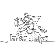 Naklejka premium Medieval Knight on Horseback with Castle Outline Line Art Vector