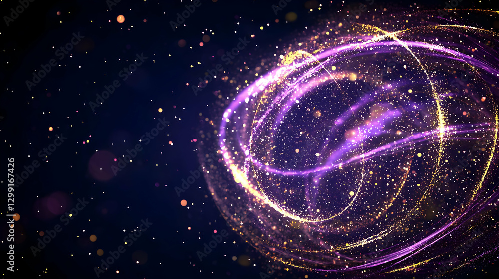 Poster abstract purple and gold particle swirl against dark background with sparkling light effect