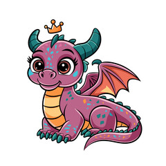 Obraz premium Cute Cartoon Baby Dragon with Crown Fantasy Character Illustration