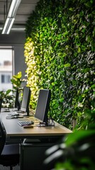 A modern office space with sustainable design, incorporating natural lighting and energy-efficient equipment throughout.