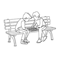 Children Playing Chess on Park Bench Minimalist Vector Illustration