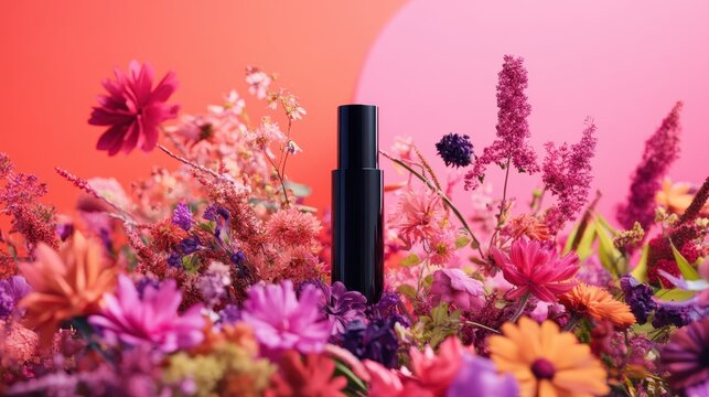 A vibrant red lipstick tube rests elegantly among a colorful array of wildflowers, with delicate petals in shades of pink, yellow, and purple surrounding it, creating a striking contrast.