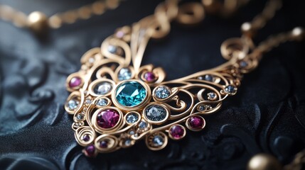 Intricate gold necklace adorned with colorful gemstones on a textured black background