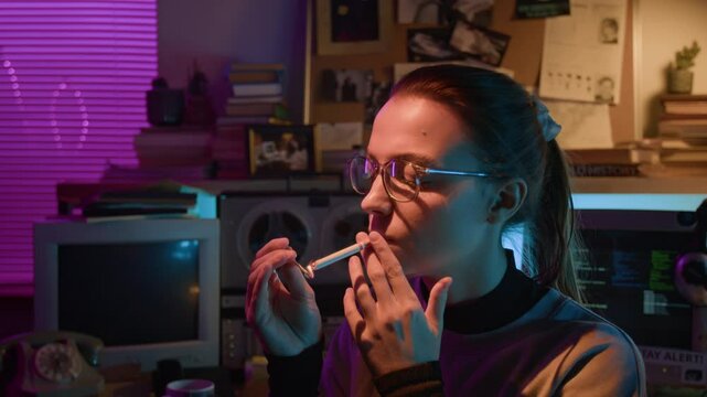 Chest-up shot of young female hacker wearing glasses lighting cigarette with match, taking drag from it and exhaling smoke through nose in dimly lit room with outdated computers in background