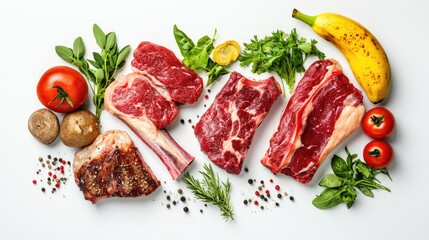 Assorted raw meats, including steak, ribs, and chicken thighs, artistically displayed with fresh herbs, tomatoes, and a banana on a clean white background.