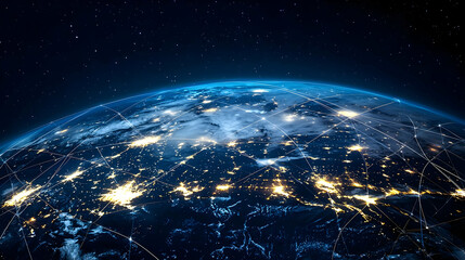 Obraz premium Illuminated Blue Earth Planet Showing City Lights And Stars In Nighttime Sky