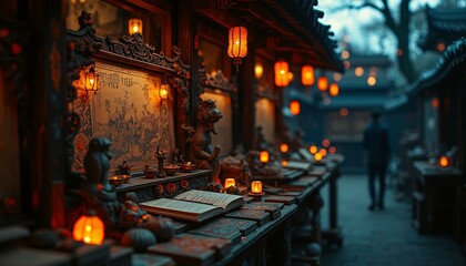 Fototapeta premium Intricately carved wooden storyboards, silken threads, tiny lanterns, mystical Asian marketplace, dusk atmosphere, mysterious artifacts