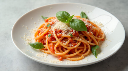 a plate of pasta with tomato sauce, basil, and Parmesan