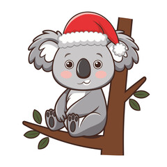 Fototapeta premium Cute Koala Wearing Santa Hat on Tree Branch Christmas Vector Illustration