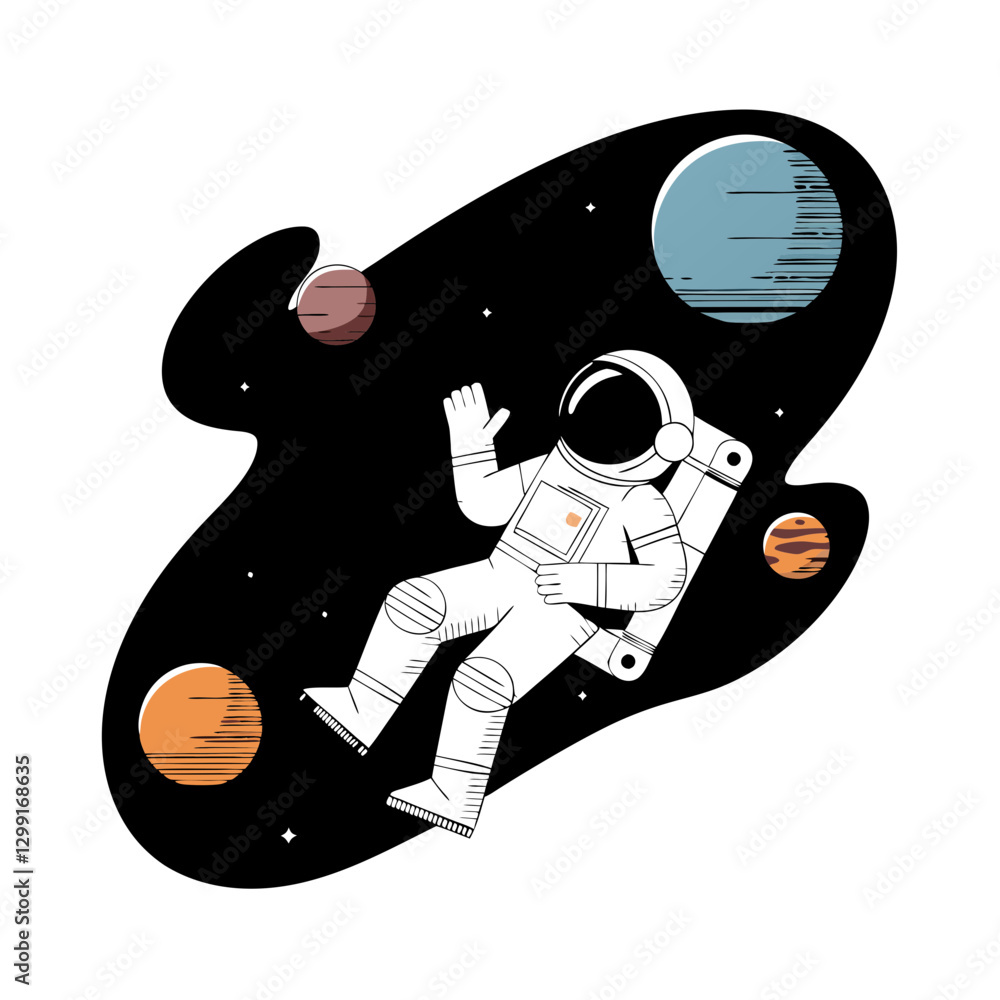 Poster astronaut floating in space with planets vector illustration