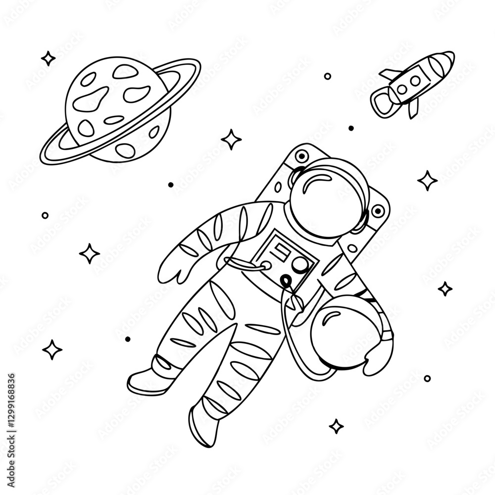Poster astronaut floating in space with planet and rocket vector art