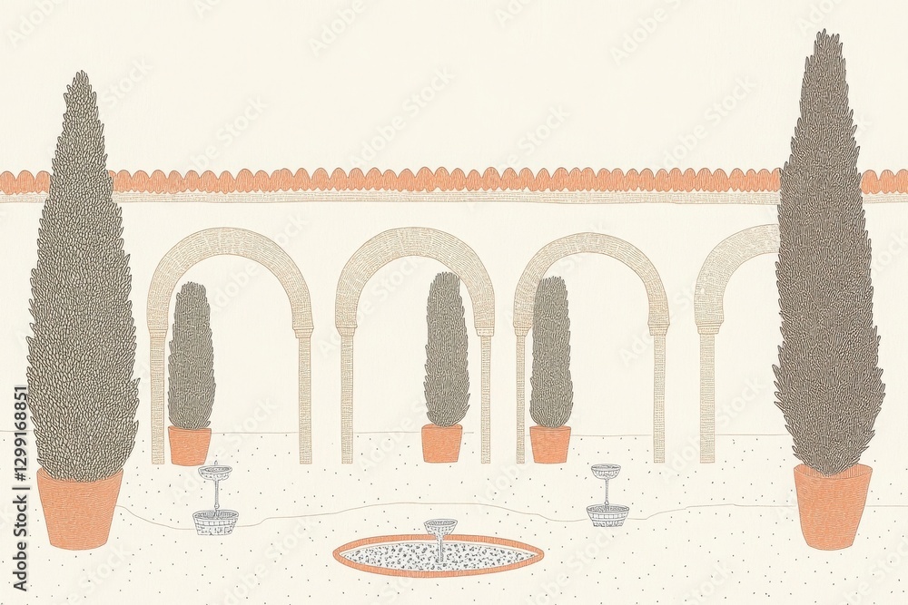 Poster serene courtyard with archways and cypress trees and plants in pots with terracotta pots and water f