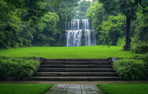 Beautiful green grass lawn with stairs leading to the waterfall in nature, a very beautiful scenery of Kibale National Park. In the late summer season, it is lush and vibrant with tall trees and dense
