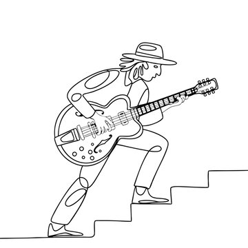 recommend clip art: Musician Climbing Stairs Playing Electric Guitar in One Line Art