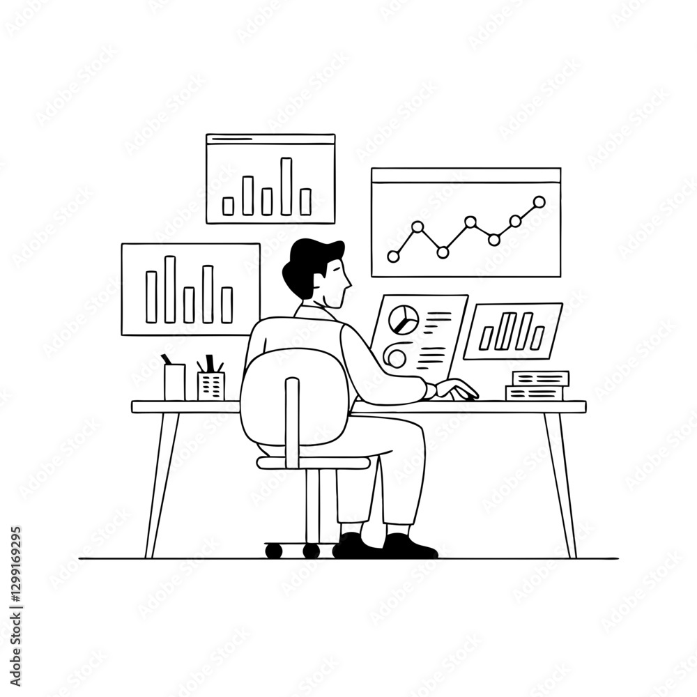 Poster business analyst working at desk with data charts and graphs vector illustration