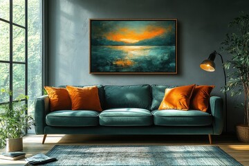 Cozy living room with a vibrant painting and stylish furniture in a tranquil setting