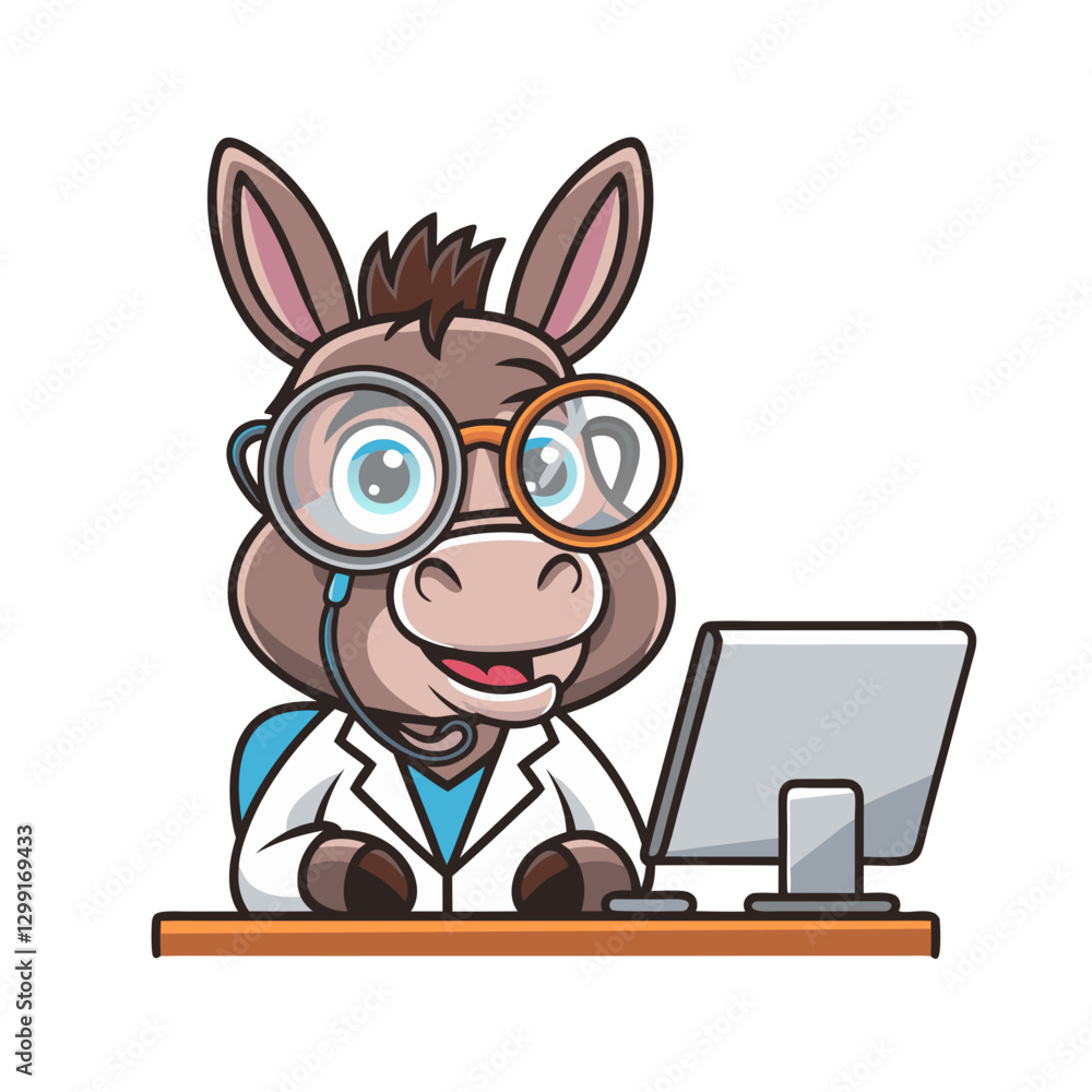 Poster adorable donkey scientist cartoon working on computer vector design