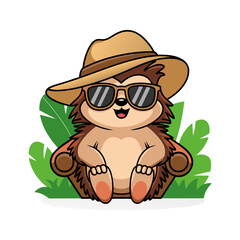 Adorable Hedgehog Wearing Sunglasses and Hat Relaxing with Tropical Leaves Vector