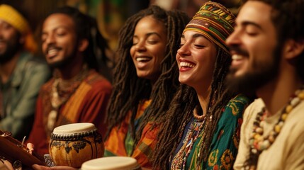 Joyful group of musicians playing traditional instruments at a vibrant cultural celebration