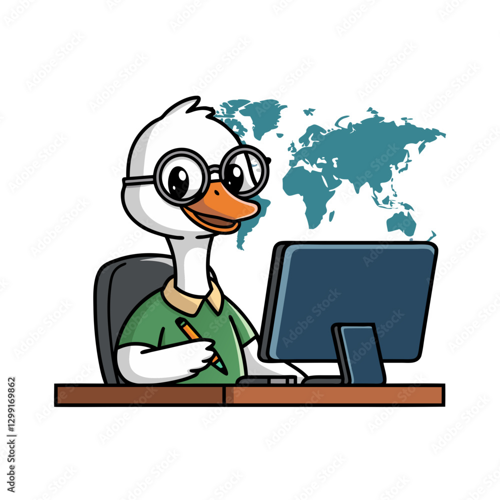 Poster cartoon duck in glasses working at computer with world map background