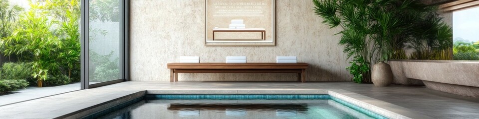 A luxurious wellness retreat with an infinity pool, featuring a serene spa treatment poster mockup above a wooden bench.