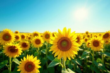 A vibrant field of sunflowers basking in the warm sunlight, showcasing the beauty of nature's golden blooms under a clear blue sky.