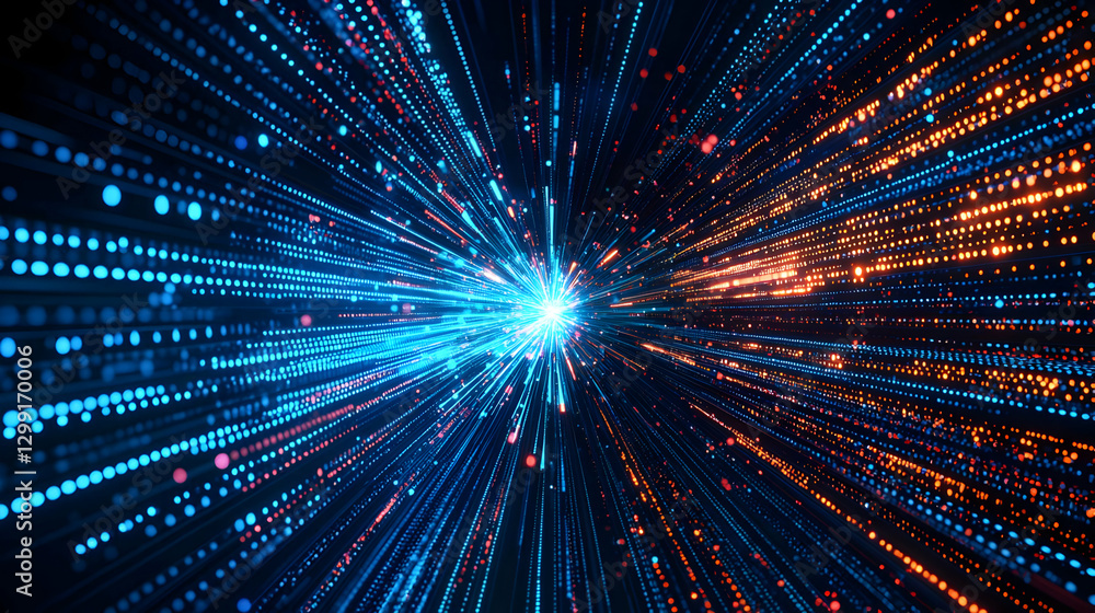 Poster abstract digital data flowing from central point with blue and orange lines of light