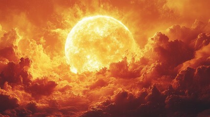 Obraz premium Intense fiery sun illuminates sky with dramatic orange clouds in surreal scene