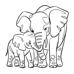 Obraz premium Elephant Mother and Baby Outline Vector Illustration Symbolizing Family Bond
