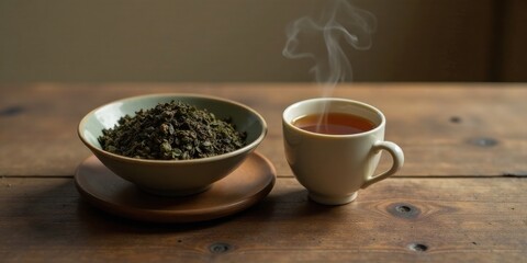 Aromatic Dried Tea Leaves Beside a Steaming Cup of Brewed Tea on Rustic Wooden Surface