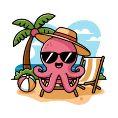 Obraz premium Cute Octopus Relaxing on Tropical Beach with Palm Trees and Beach Ball Vector