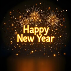 Glowing Happy New Year text, festive fireworks display, night sky, sparkling golden lights