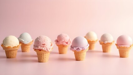 Minimalist pastel ice cream cones on soft background, food photography