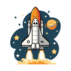 Space Shuttle Cartoon Vector Illustration with Stars and Planets