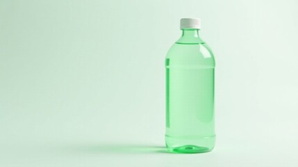 A translucent green plastic bottle with a white cap stands on a light green background.