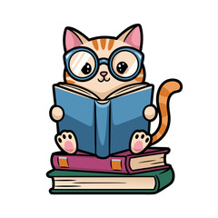 Cute Cartoon Cat with Glasses Reading Books Vector Illustration