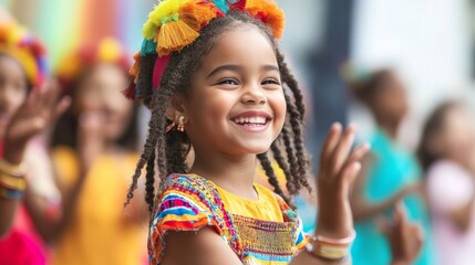 Fototapeta premium Joyful young girl in colorful traditional attire dances at a vibrant cultural festival outdoors